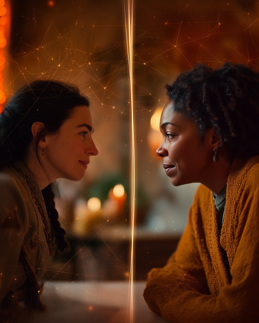 two women in profile face to face, separated by a golden thread, in candlelight