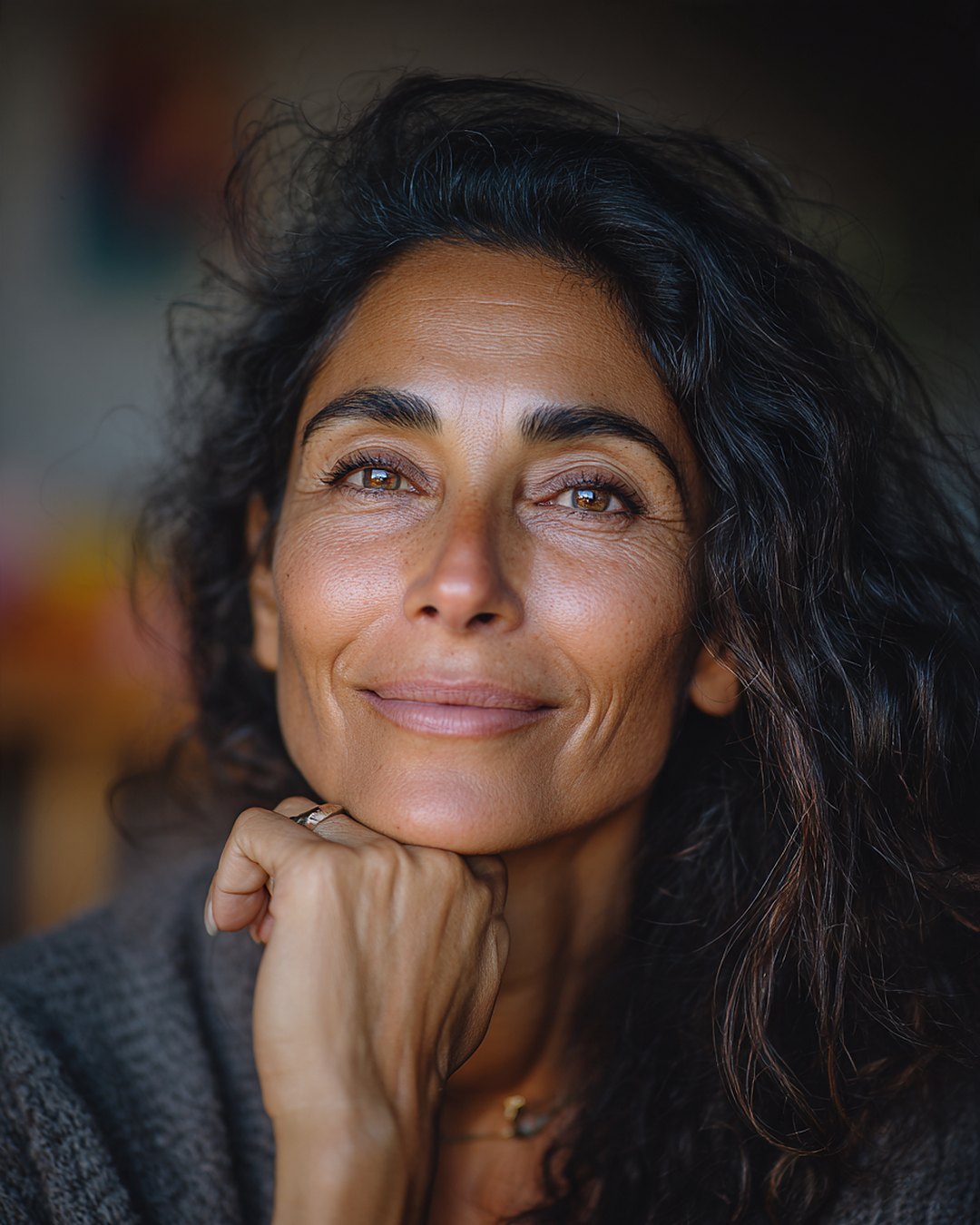 portrait of a woman listening, chin in her hand, with a half-smile