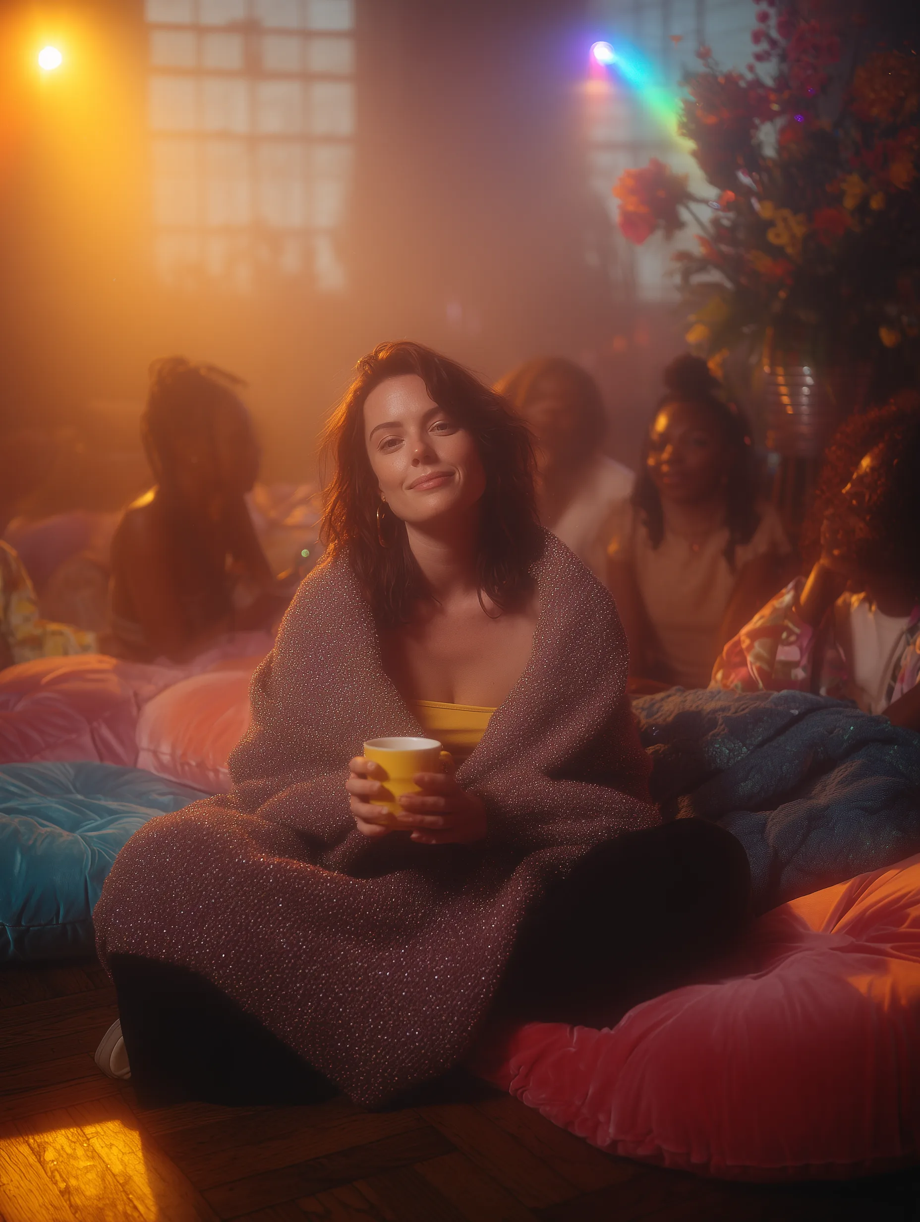 a woman apart from the group, tea in hand, a blanket around her shoulders