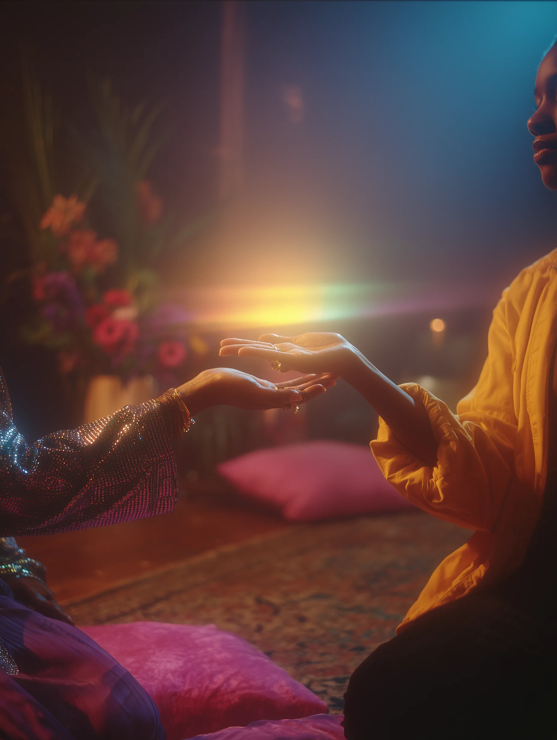 two hands: one palm open, the other above it without touching