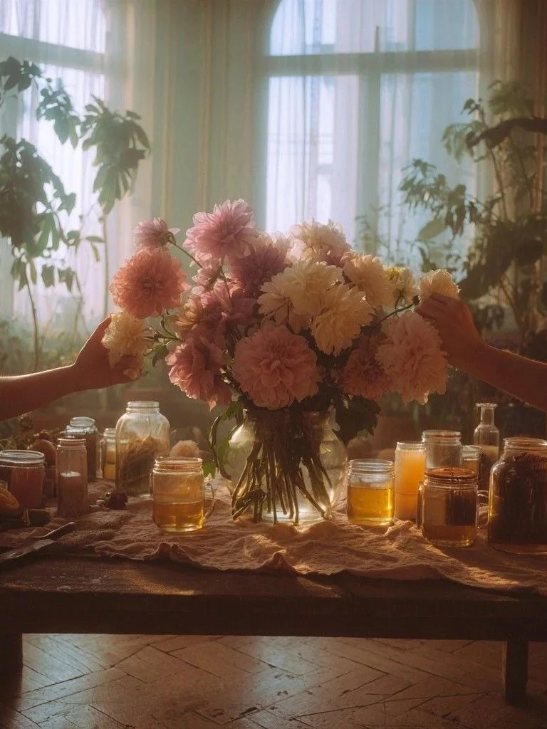 two women arranging a large bouquet of dahlias together, on a table where jars of honey and tea are waiting, in the light of a large window