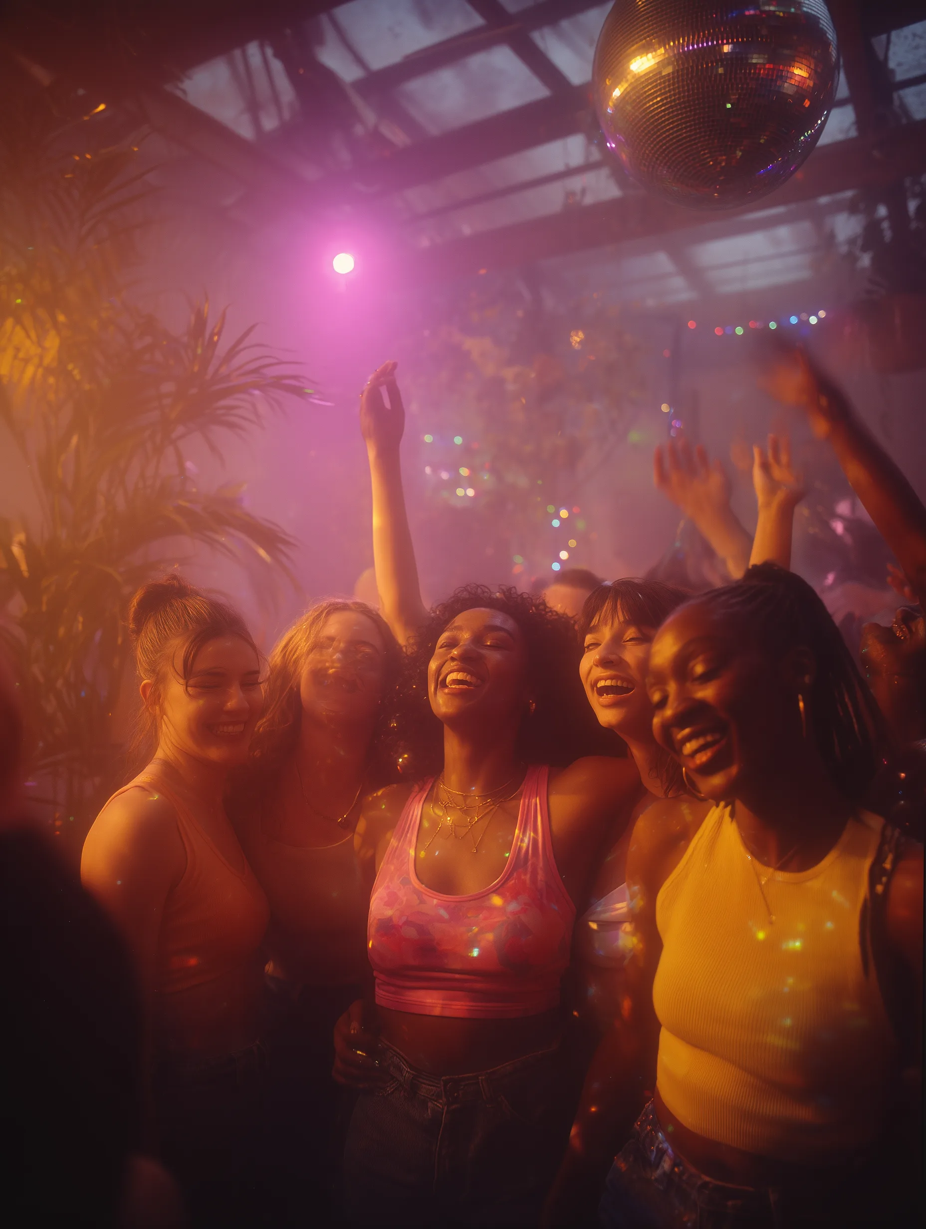 a dance floor of women dancing with their arms raised