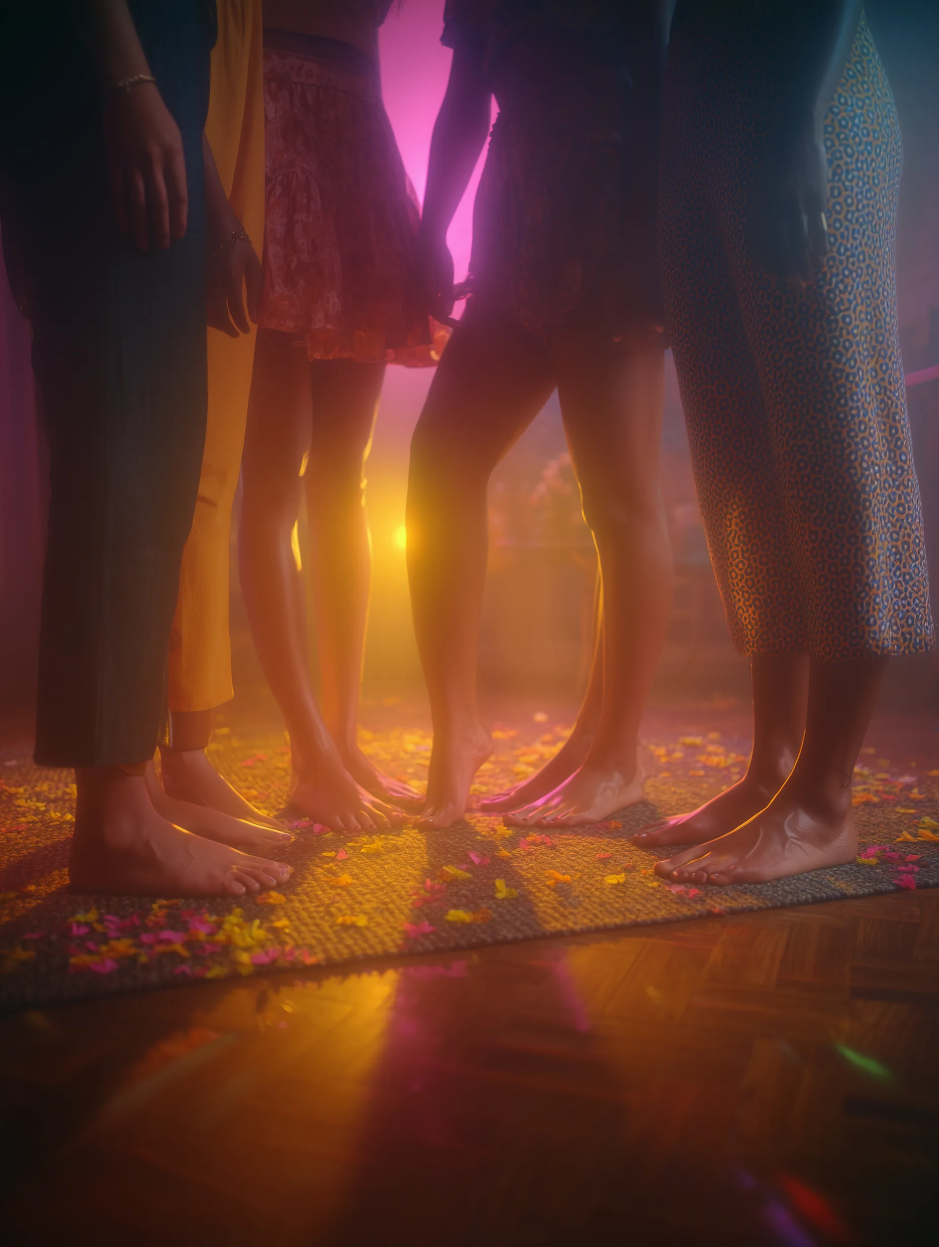 bare feet in a circle on a wooden floor