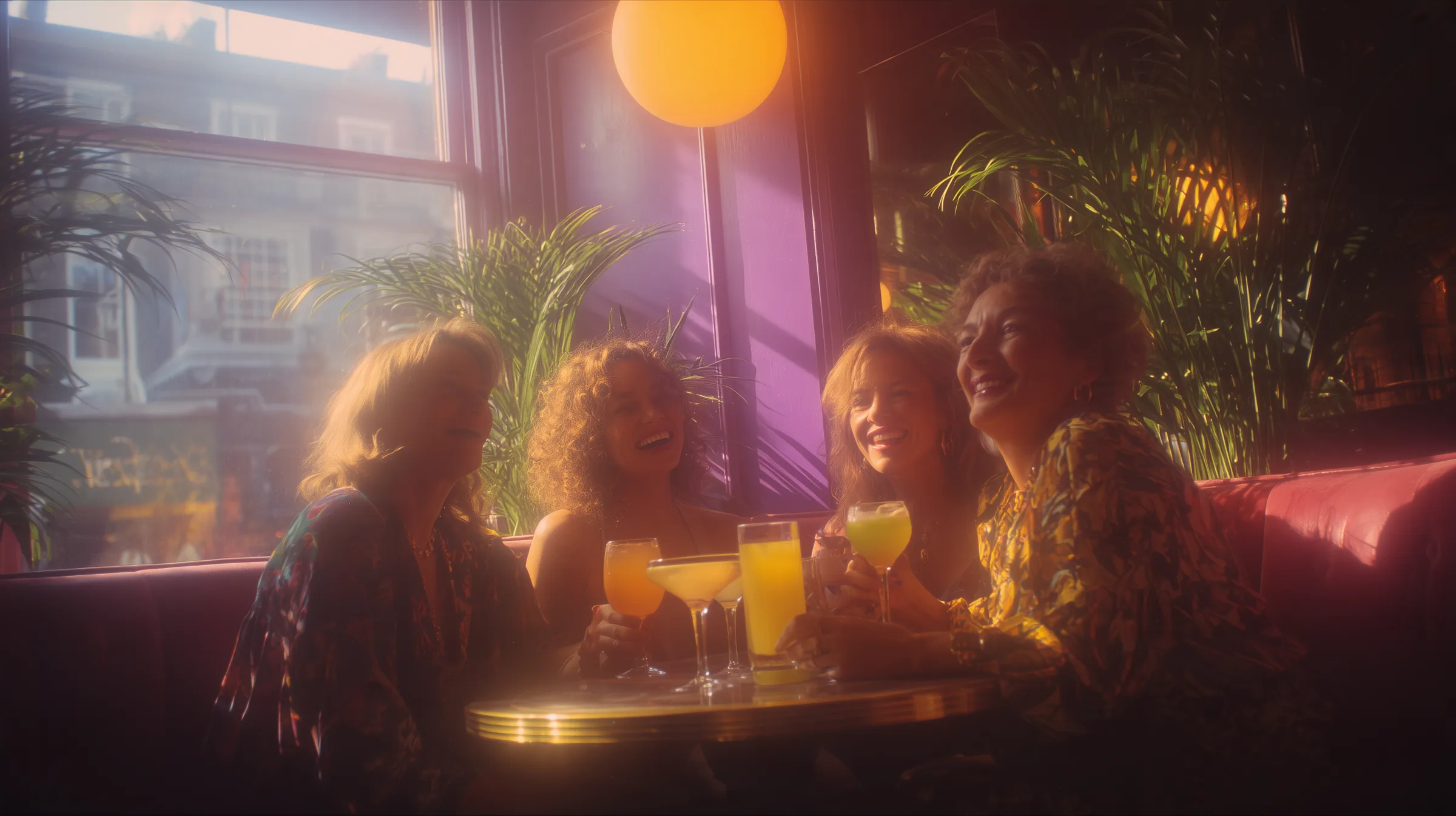 four women laughing around a bistro table