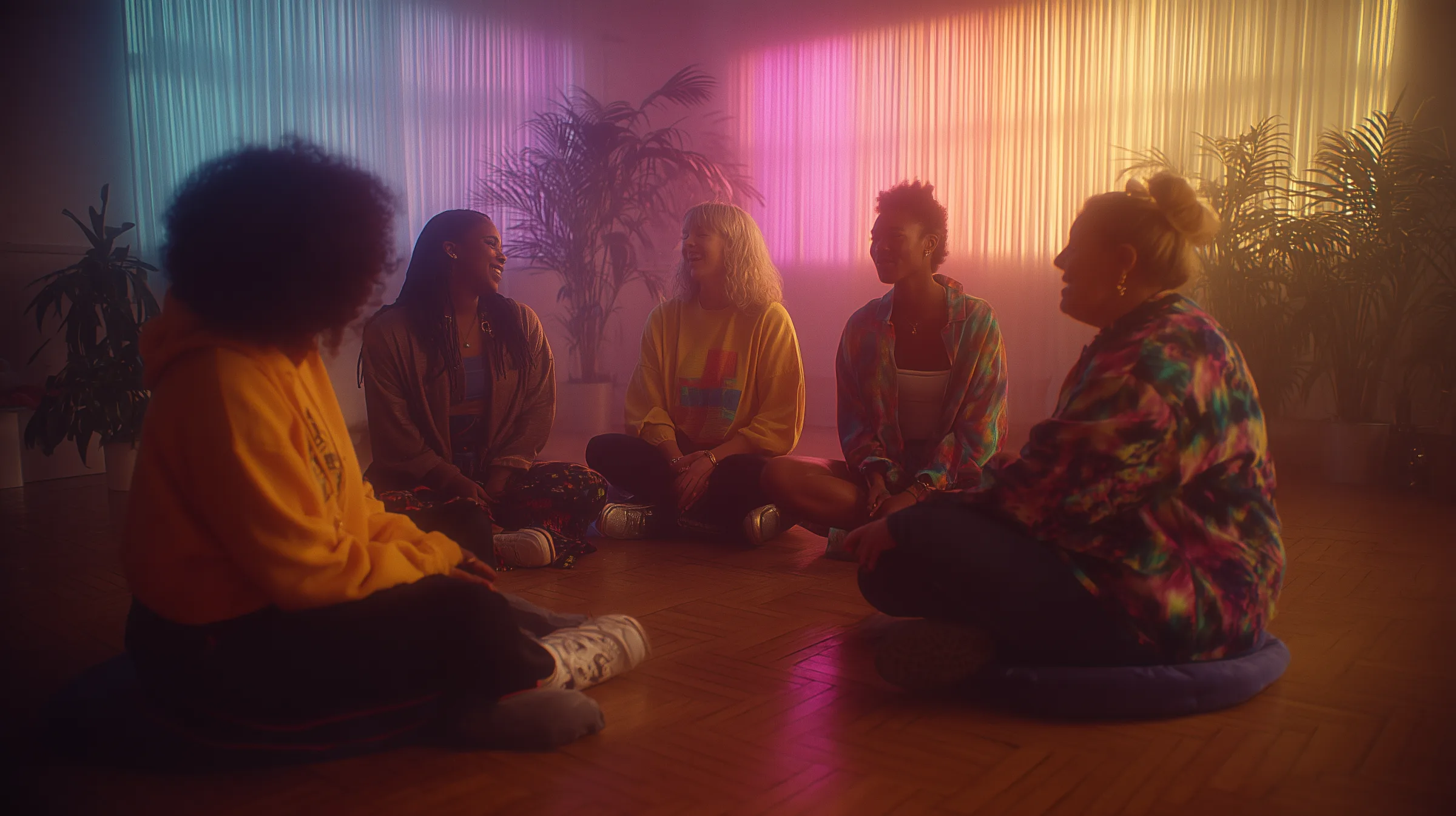 six women sitting in pairs on cushions, face to face