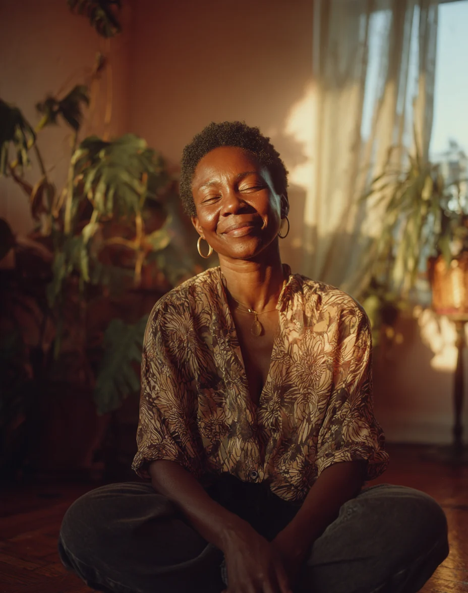 A woman sitting cross-legged, eyes closed, smiles gently in the evening light.