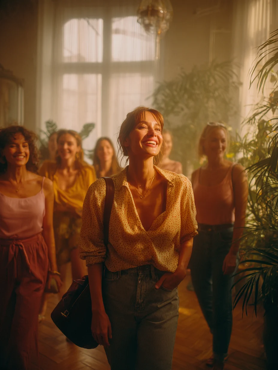 A woman arrives smiling, her bag over her shoulder, with other women behind her in a light-filled room.