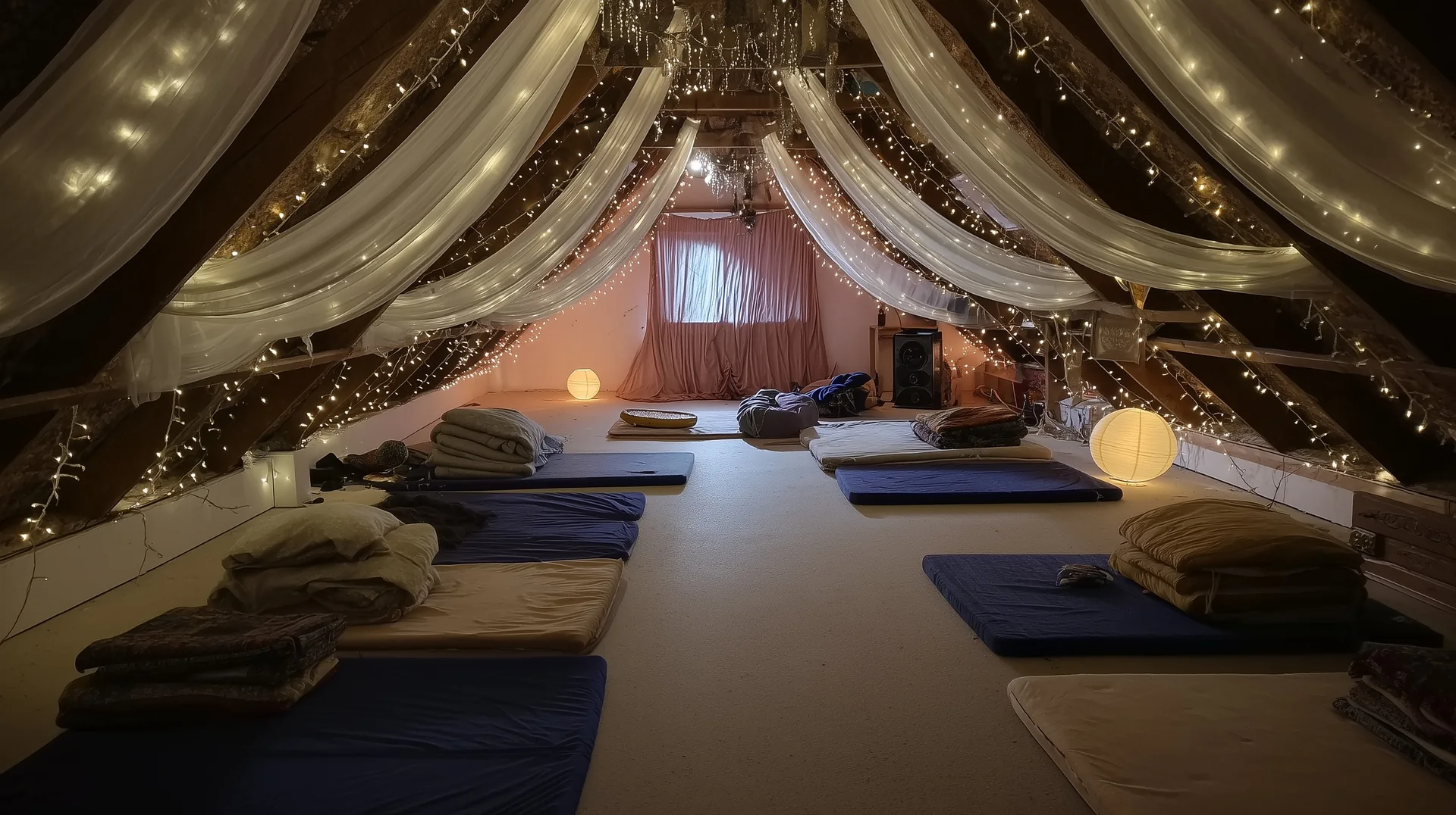 an attic under the beams, sheer curtains and fairy lights, mattresses and blankets lined up on the floor