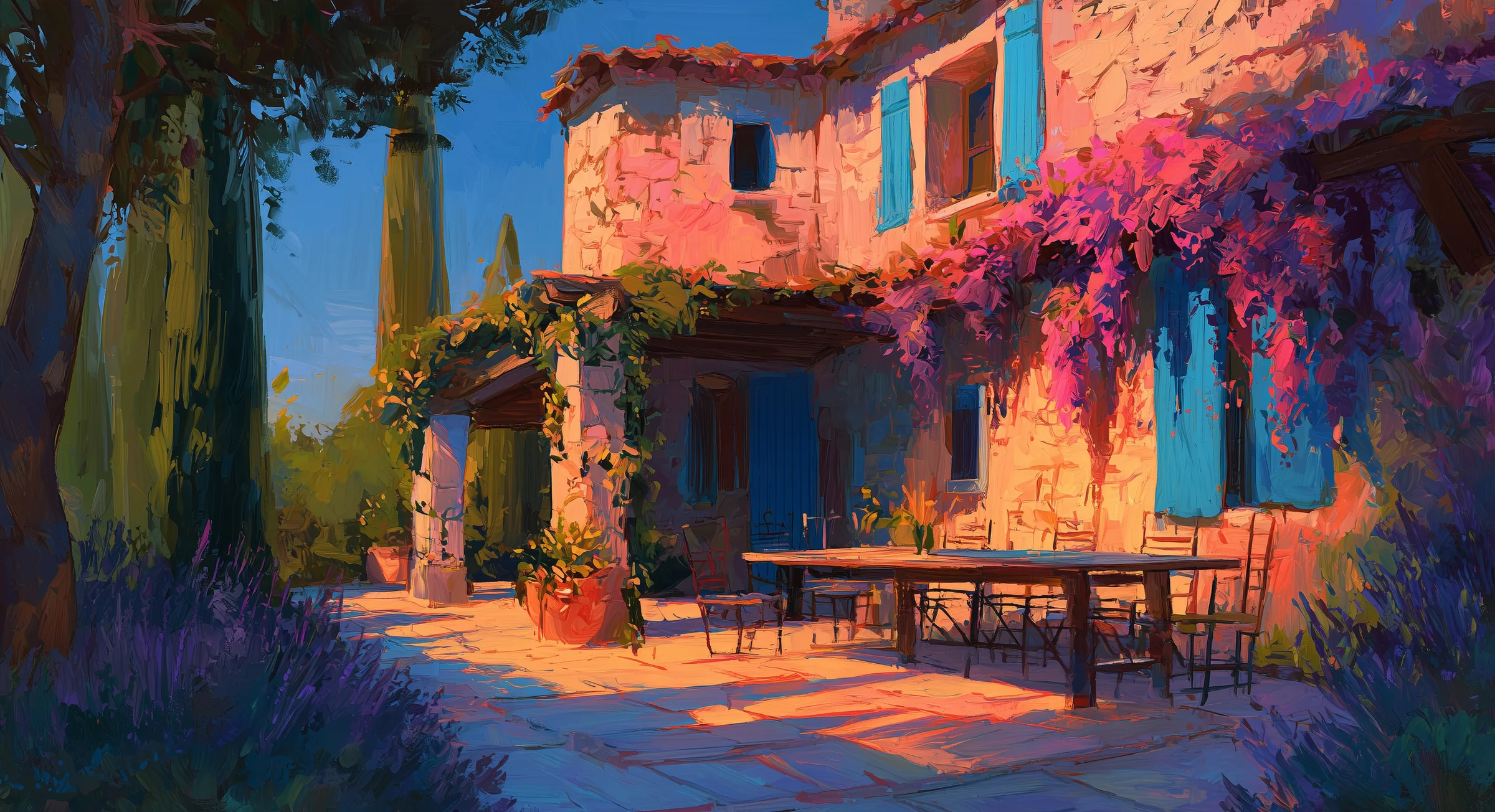 painting: a stone house with blue shutters covered in bougainvillea, a large table laid beneath the vine arbour, in the evening sun