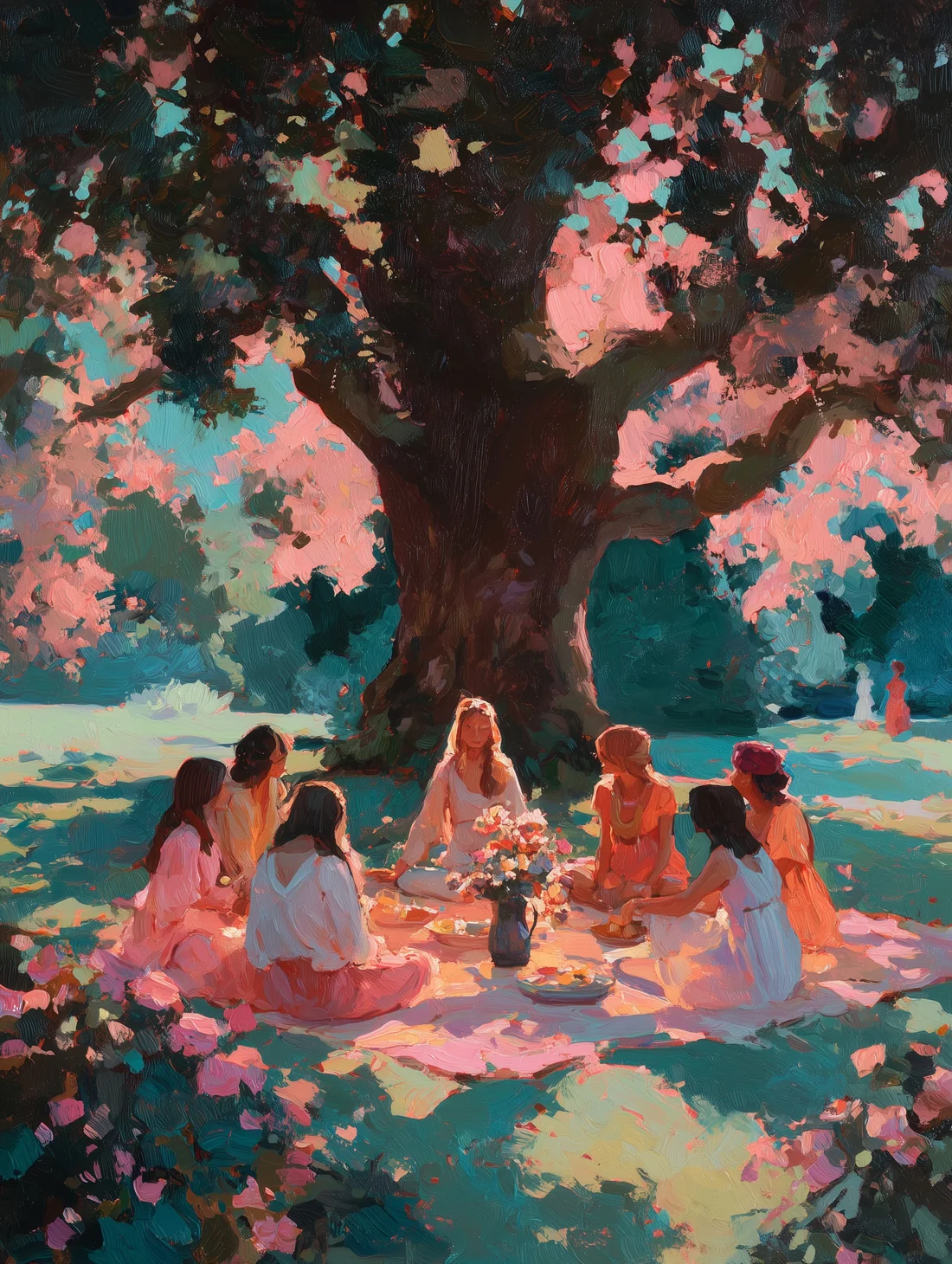painting: beneath a large tree in blossom, women sitting in a circle on blankets in the grass