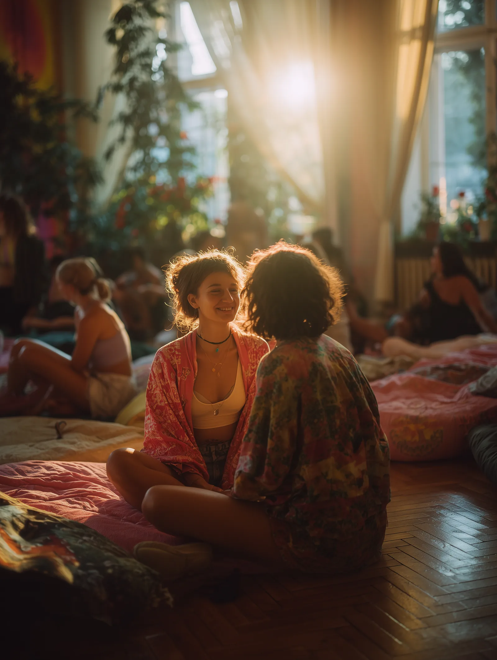 two women in kimonos sitting face to face, one smiling at the other