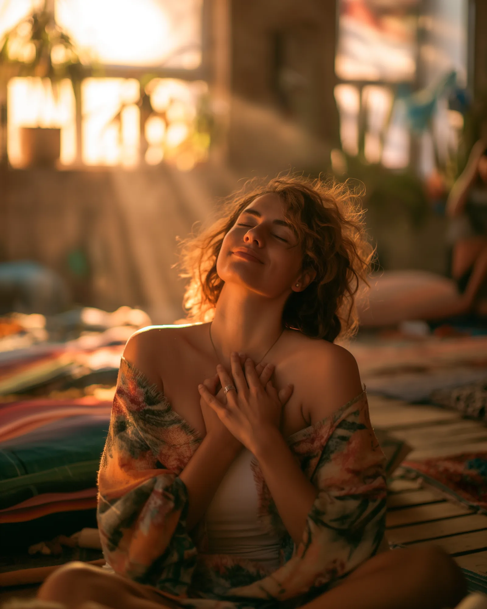 A seated woman, eyes closed, hands resting on her chest, in the golden light of a large room.