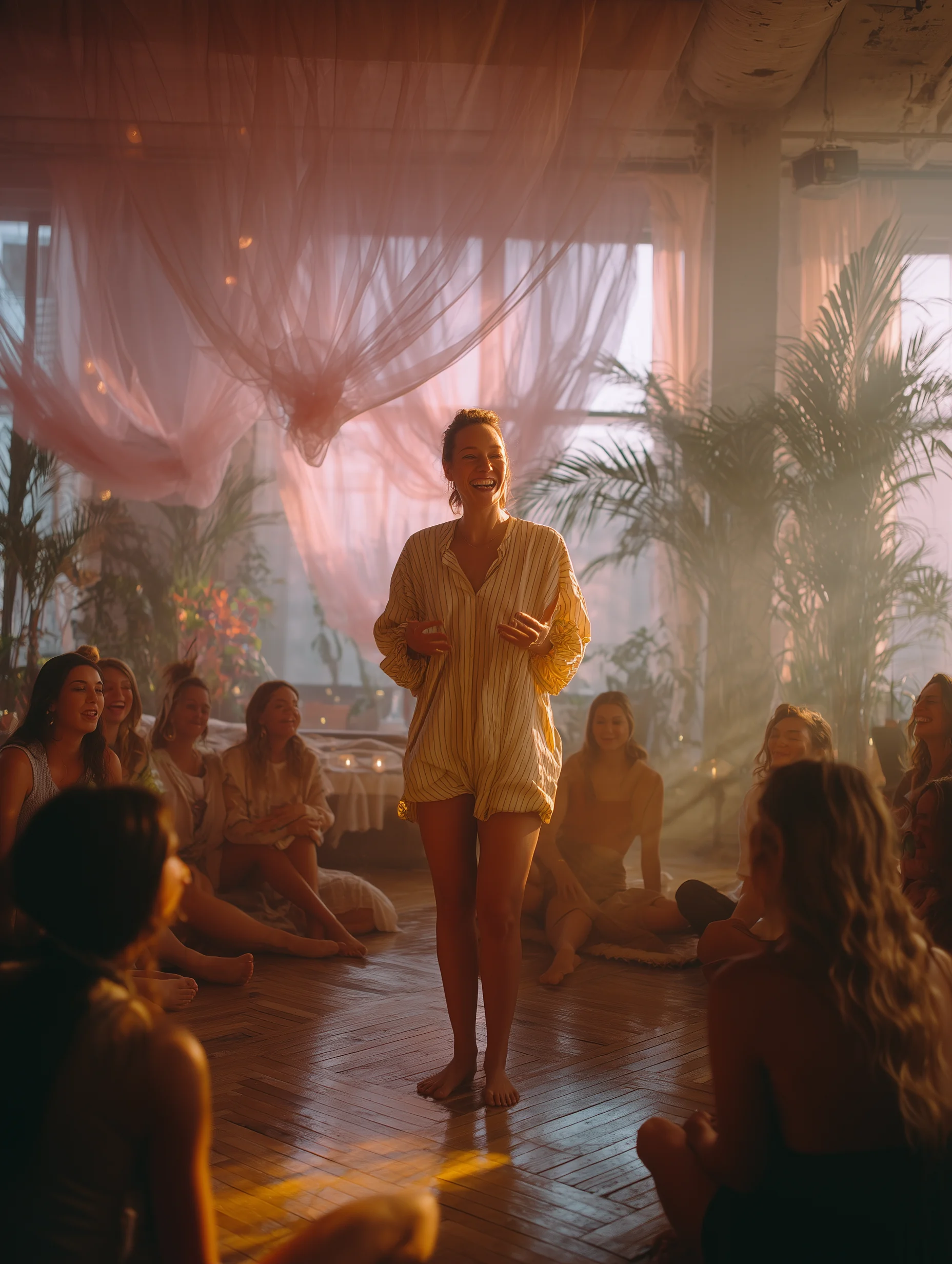 a facilitator standing barefoot in the centre of the circle, laughing with the participants sitting on the floor around her, beneath pink sheer curtains